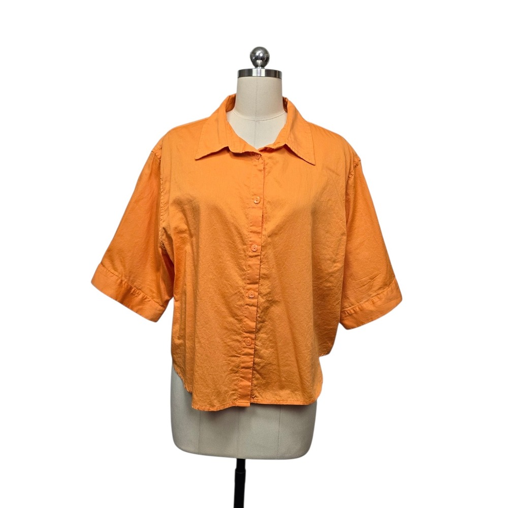 Athleta Womens‎ Orange 100% Organic Cotton Short Sleeve Button Down Shirt Small